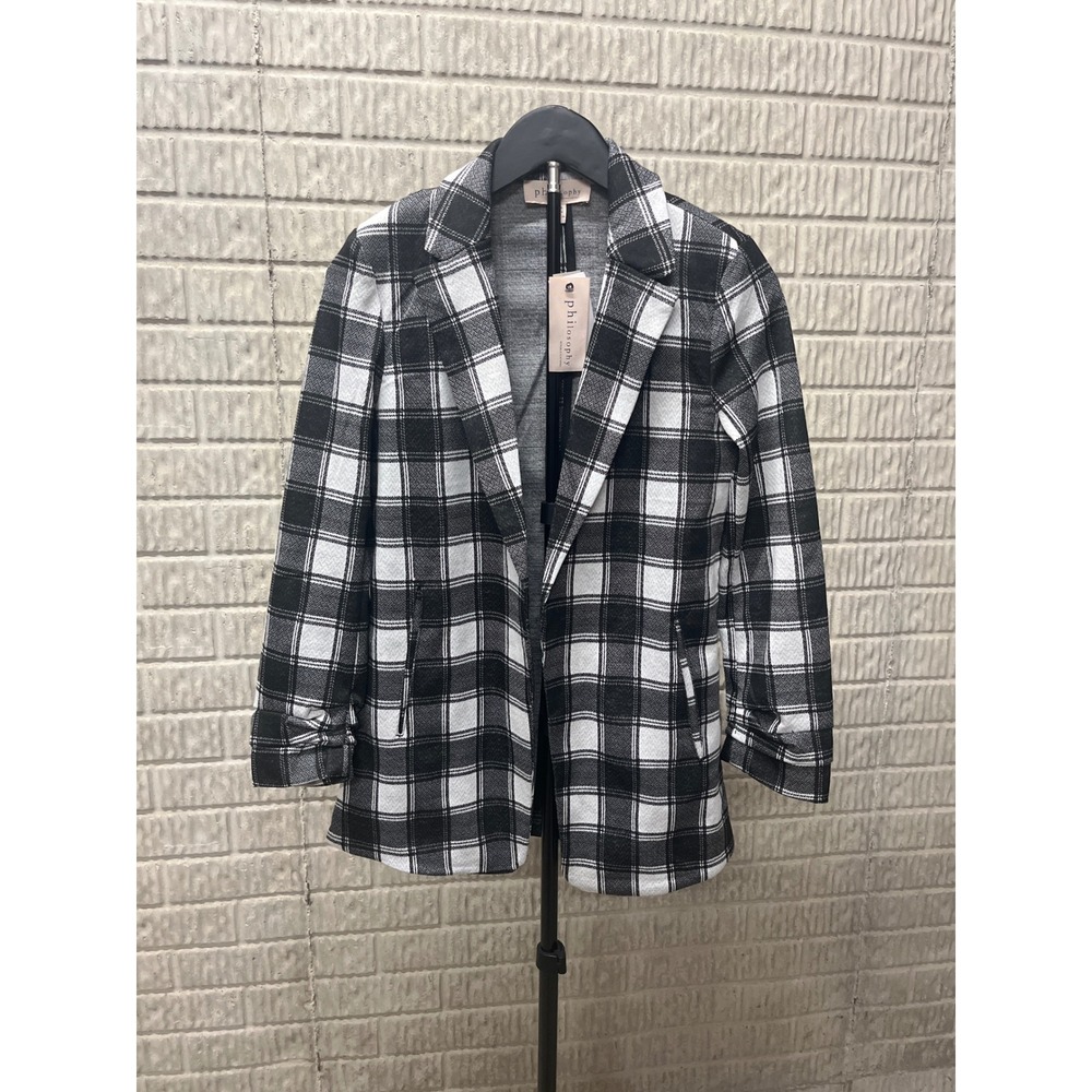 Philosophy Republic Clothing Black White Plaid‎ Open Front Blazer Jacket XS NEW